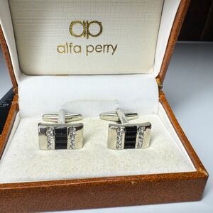 Alfa Perry Cufflinks Black Onyx & Rhinestone Silver Tone Mens‎ Formal
